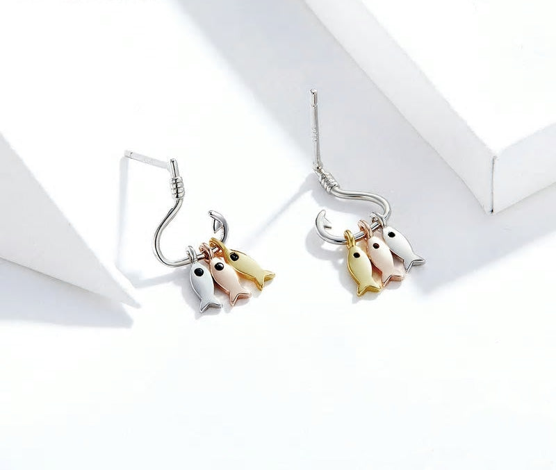 Sterling Silver Fish On A Hook Stud Hypoallergenic Earrings