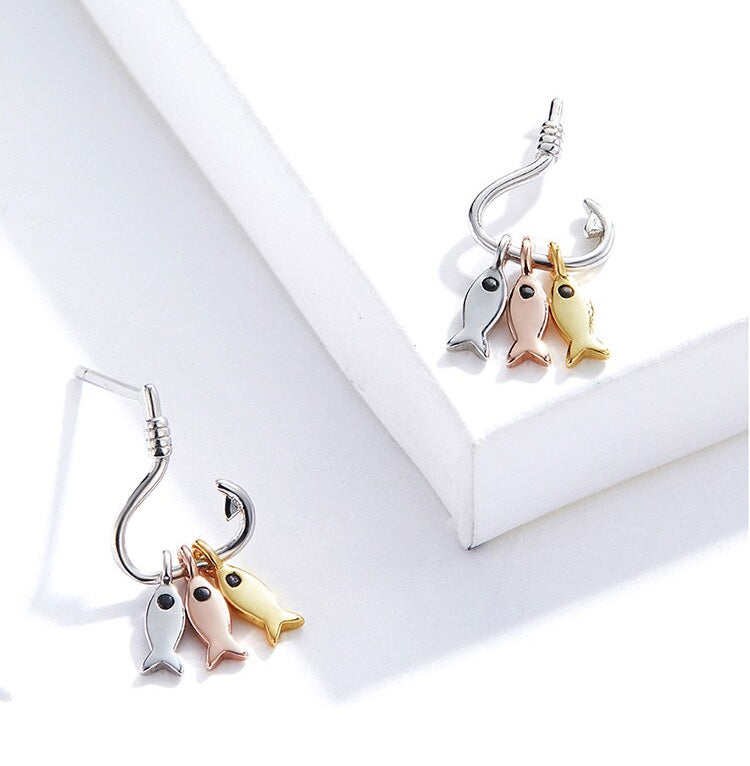 Sterling Silver Fish On A Hook Stud Hypoallergenic Earrings