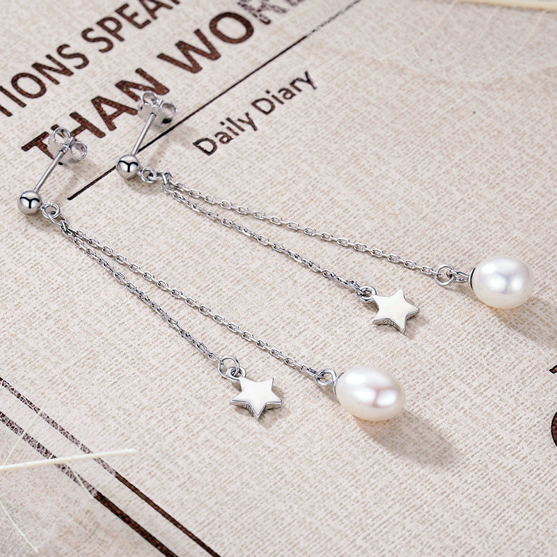 Sterling Silver Pearl Star Long Drop Hypoallergenic Earrings