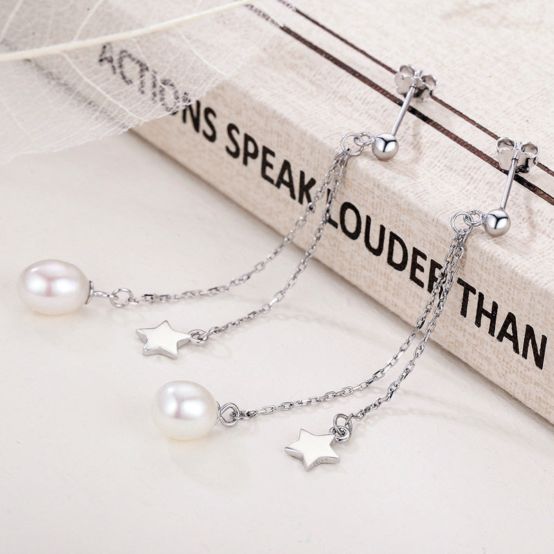 Sterling Silver Pearl Star Long Drop Hypoallergenic Earrings