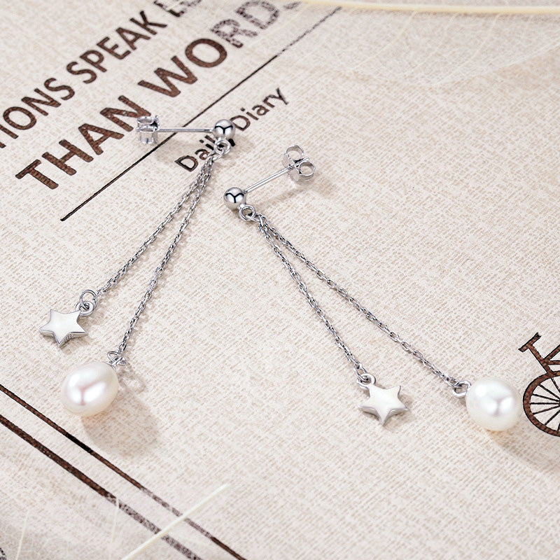 Sterling Silver Pearl Star Long Drop Hypoallergenic Earrings