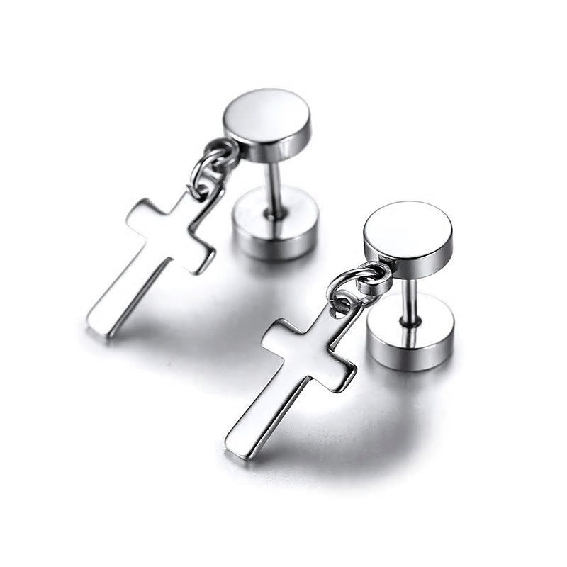 Stainless Steel Cross Drop Screw Stud Earrings