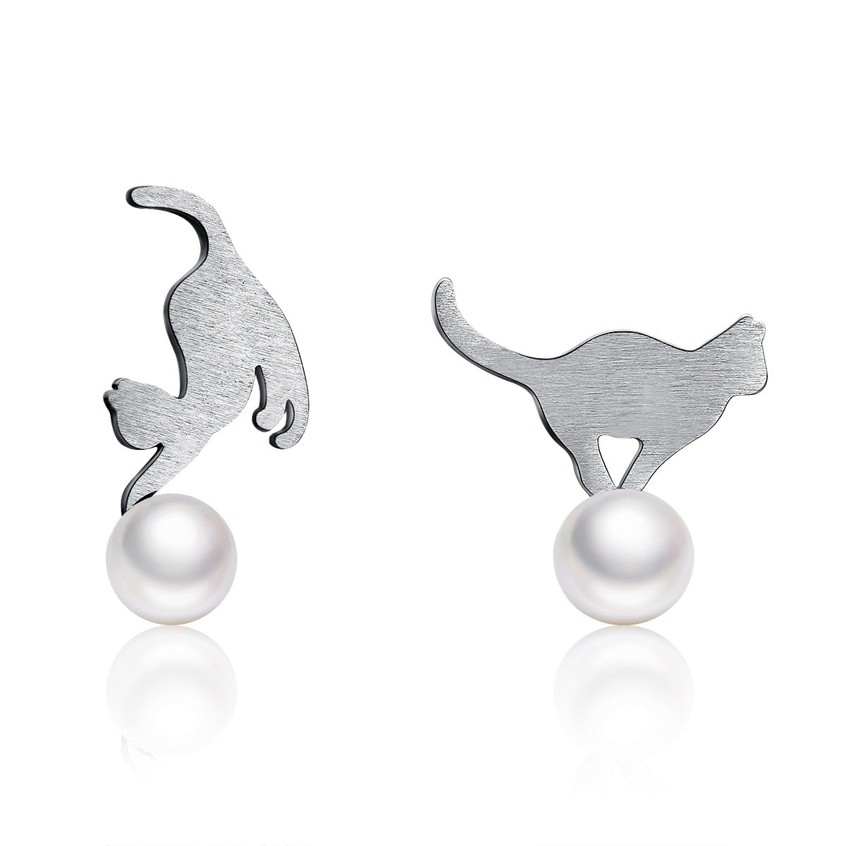 Sterling Silver Cat & Pearl Stud Hypoallergenic Earrings