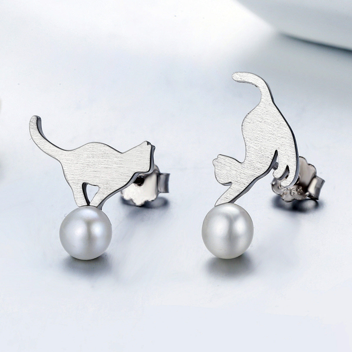 Sterling Silver Cat & Pearl Stud Hypoallergenic Earrings