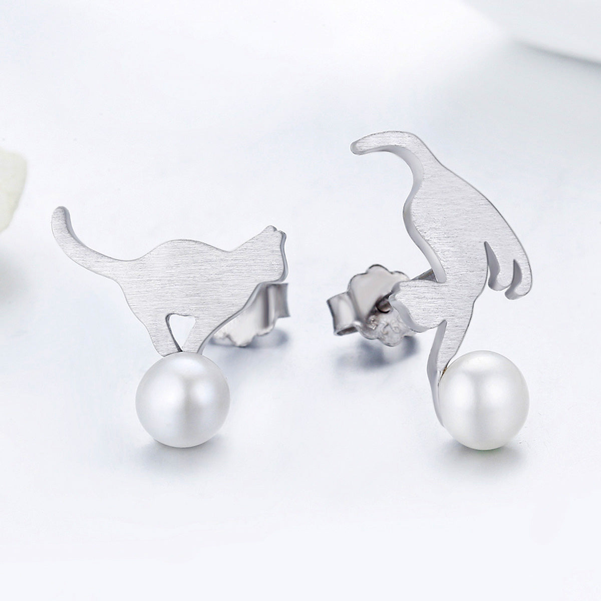 Sterling Silver Cat & Pearl Stud Hypoallergenic Earrings