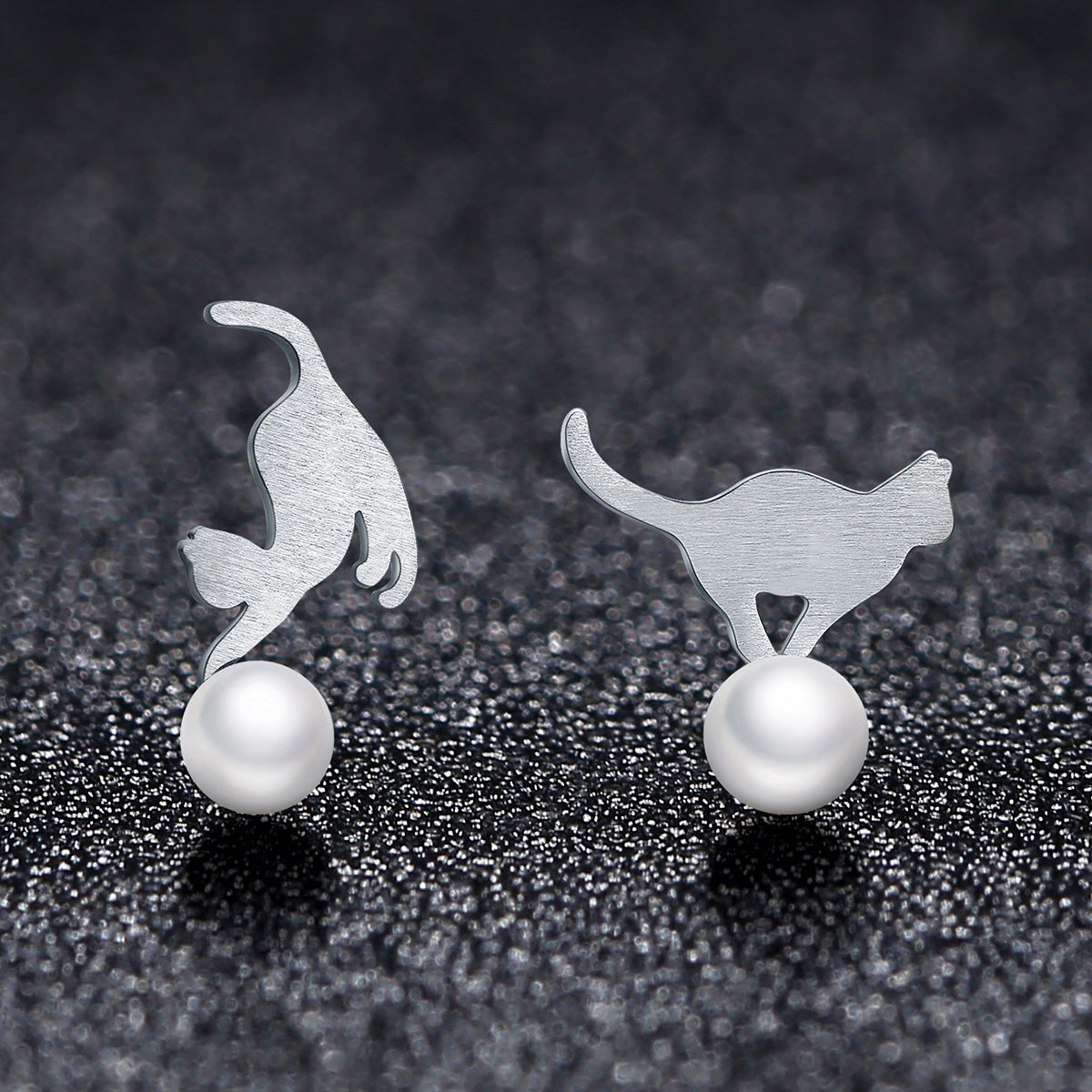Sterling Silver Cat & Pearl Stud Hypoallergenic Earrings
