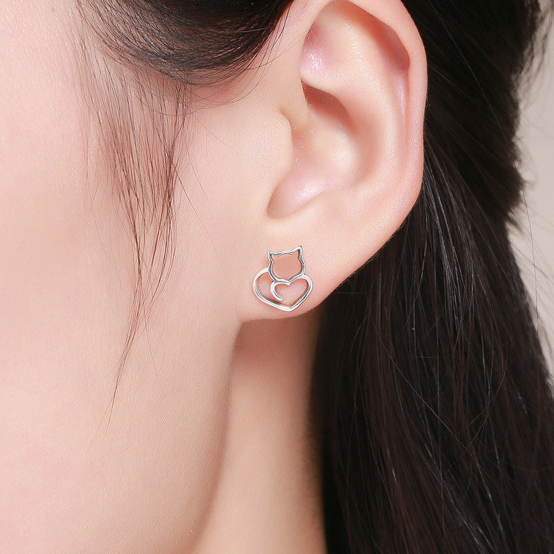 Sterling Silver Cat Tail Love Stud Hypoallergenic Earrings