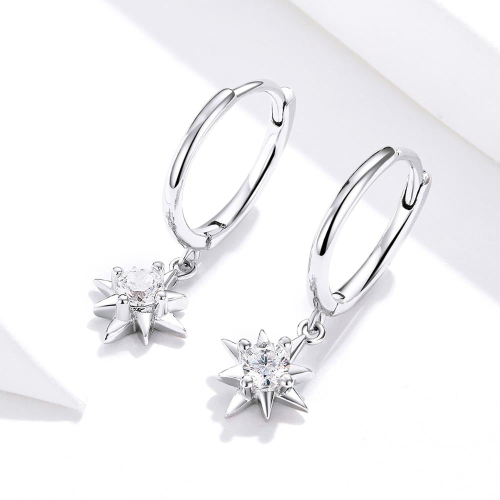 Sterling Silver Bright Star Huggie Drop Hypoallergenic Earrings