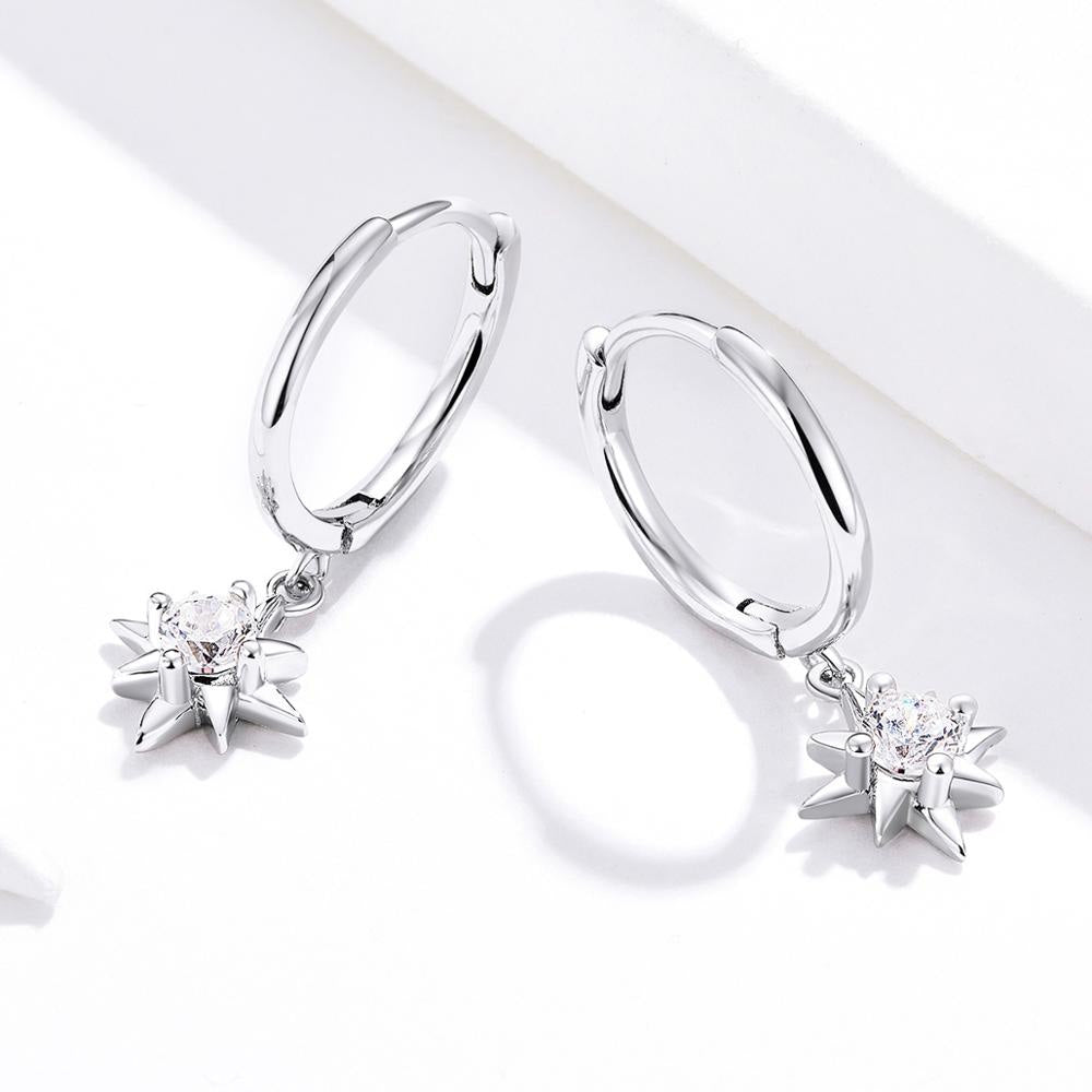 Sterling Silver Bright Star Huggie Drop Hypoallergenic Earrings