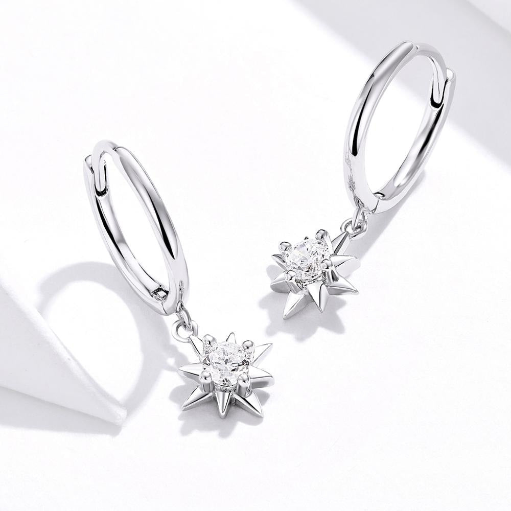 Sterling Silver Bright Star Huggie Drop Hypoallergenic Earrings