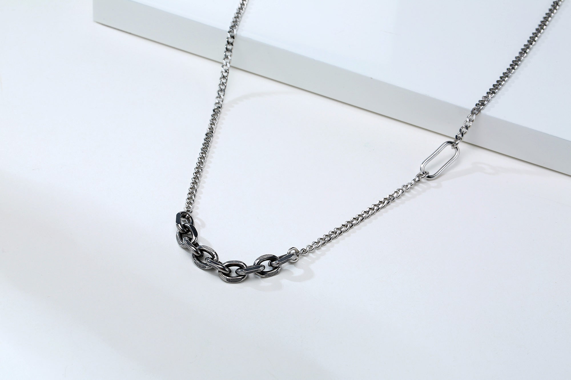 Stainless Steel Oxidised Oval Cable & Curb Chain Necklace