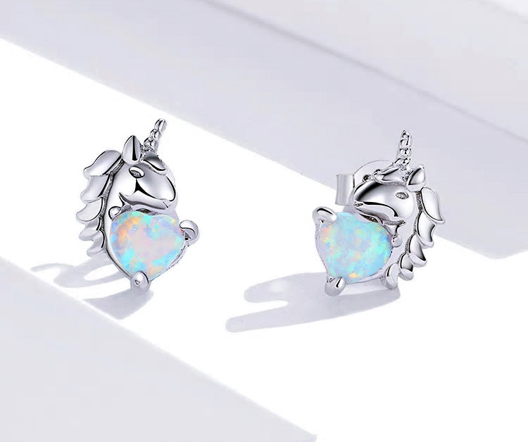 Sterling Silver Opal Heart Unicorn Stud Hypoallergenic Earrings