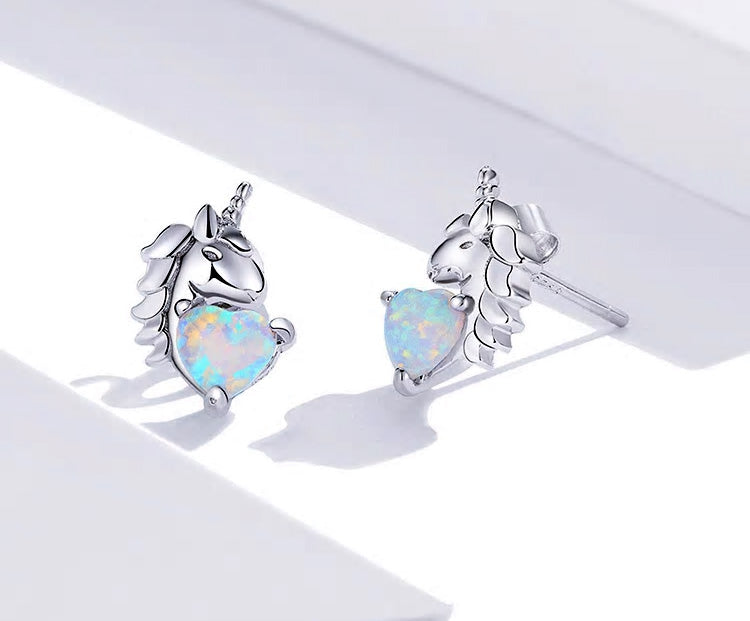 Sterling Silver Opal Heart Unicorn Stud Hypoallergenic Earrings