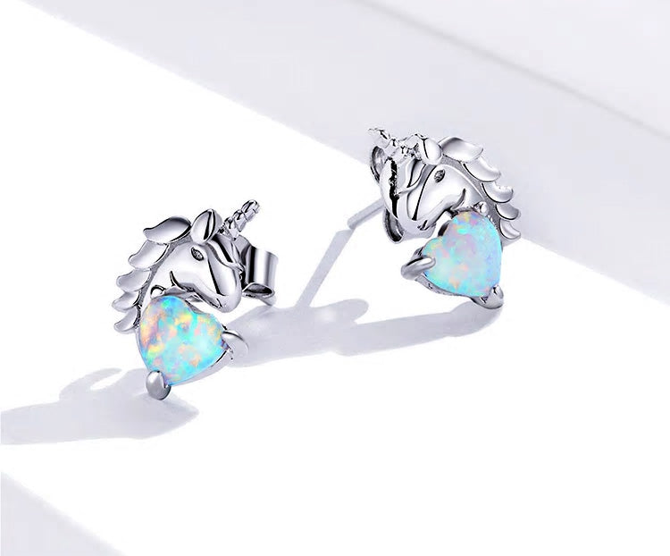 Sterling Silver Opal Heart Unicorn Stud Hypoallergenic Earrings