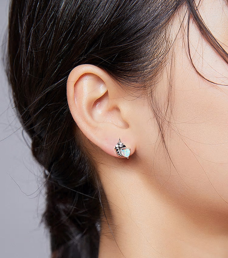 Sterling Silver Opal Heart Unicorn Stud Hypoallergenic Earrings