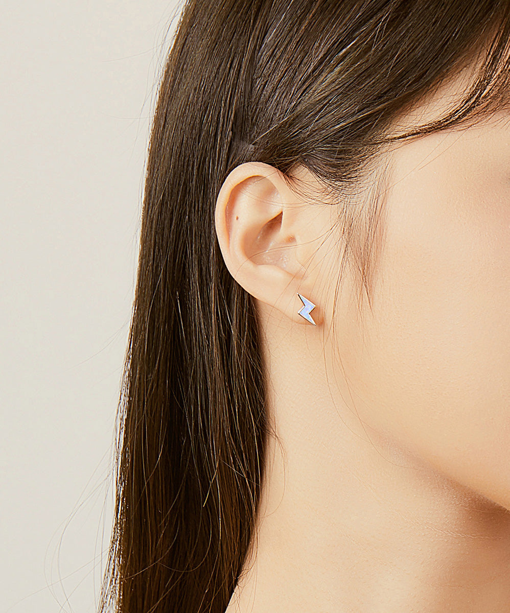 Sterling Silver White Opal Lightning Bolt Stud Hypoallergenic Earrings