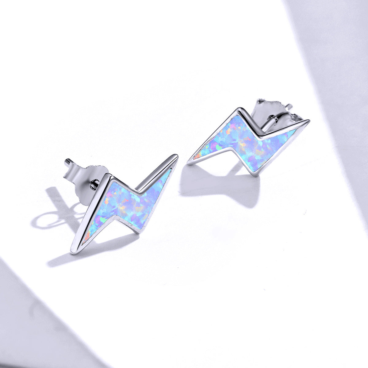 Sterling Silver White Opal Lightning Bolt Stud Hypoallergenic Earrings