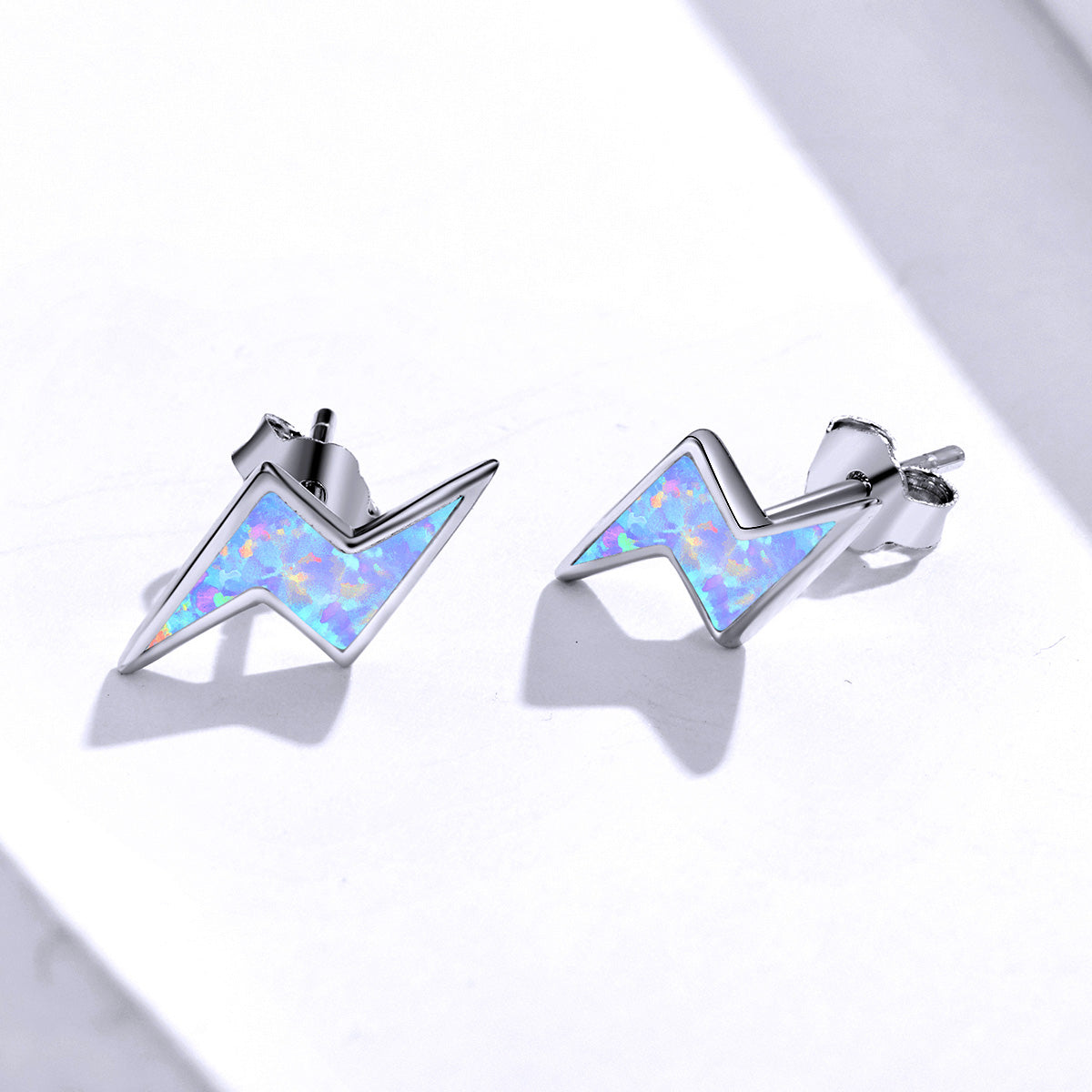 Sterling Silver White Opal Lightning Bolt Stud Hypoallergenic Earrings