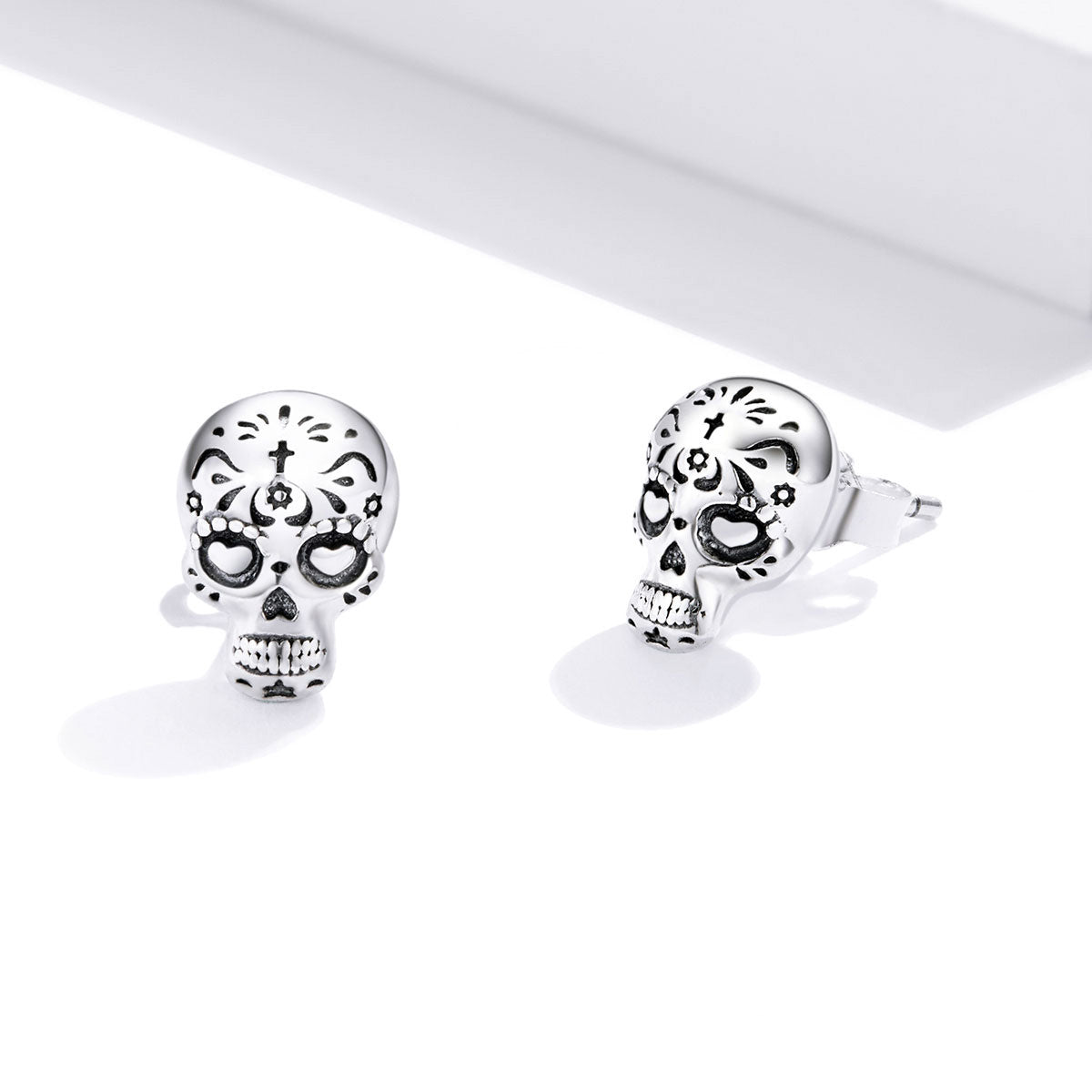 Sterling Silver Mexican Sugar Skull Stud Hypoallergenic Earrings