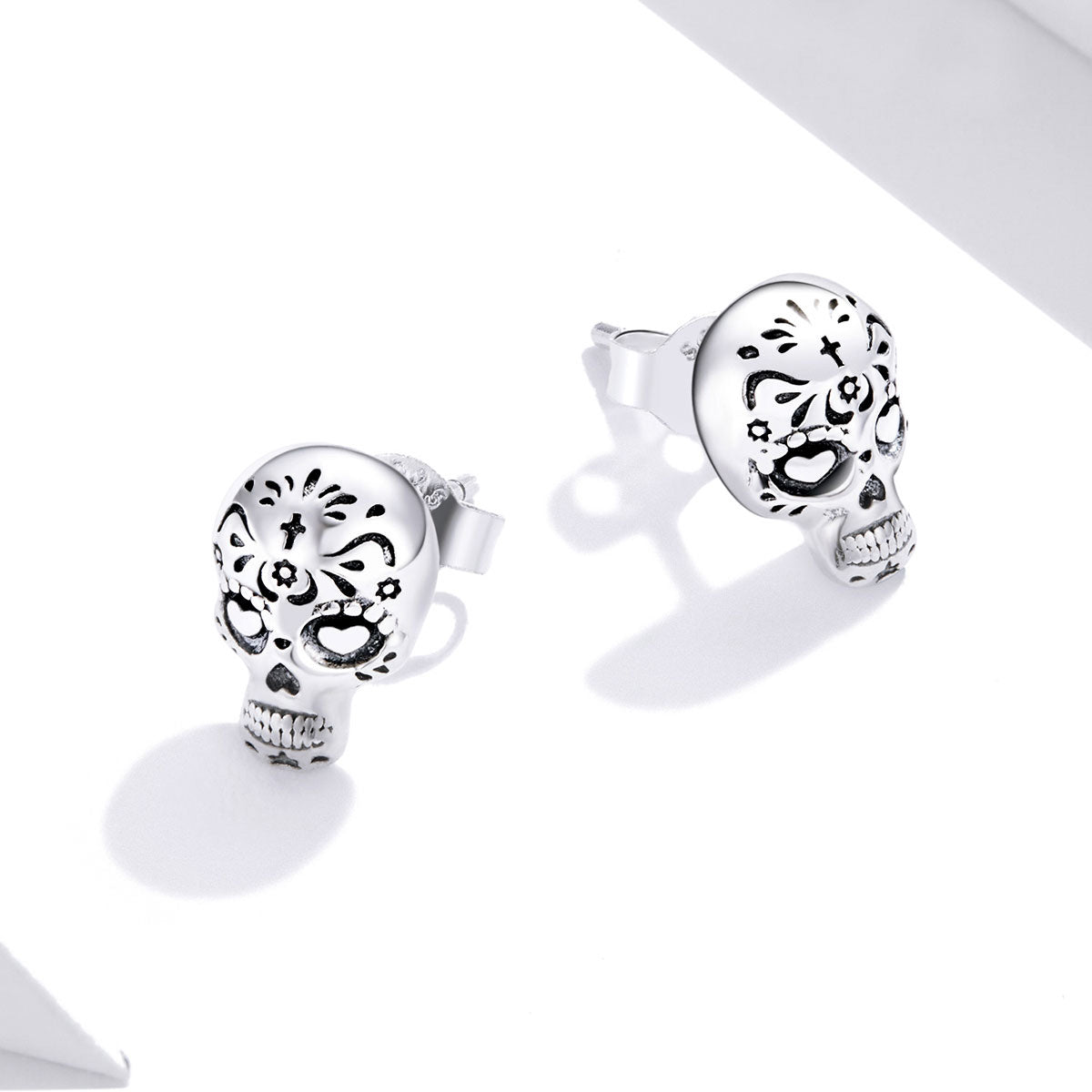 Sterling Silver Mexican Sugar Skull Stud Hypoallergenic Earrings