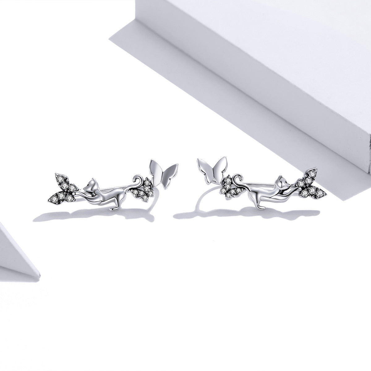 Sterling Silver Cat & Butterfly Hook Hypoallergenic Earrings