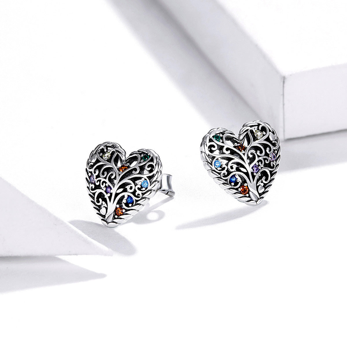 Sterling Silver Multi-Colour Heart Stud Hypoallergenic Earrings
