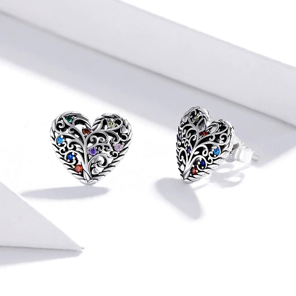 Sterling Silver Multi-Colour Heart Stud Hypoallergenic Earrings