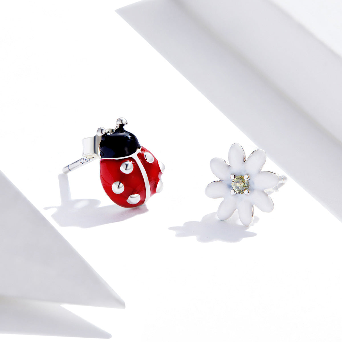 Sterling Silver Ladybug & Flower Hypoallergenic Earrings