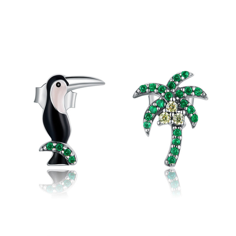 Sterling Silver Toucan & Coconut Palm Stud Hypoallergenic Earrings
