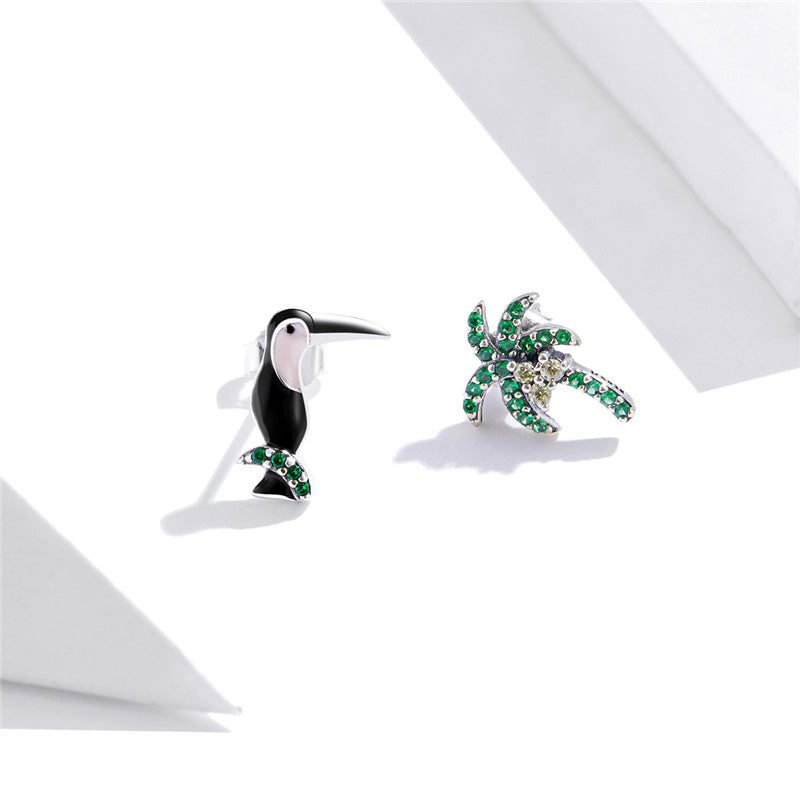 Sterling Silver Toucan & Coconut Palm Stud Hypoallergenic Earrings