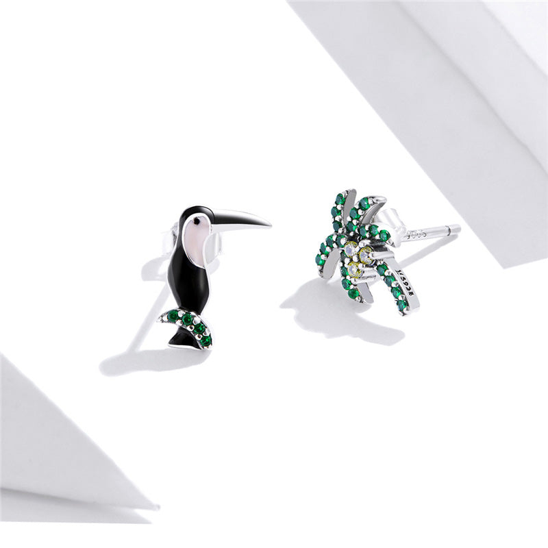 Sterling Silver Toucan & Coconut Palm Stud Hypoallergenic Earrings