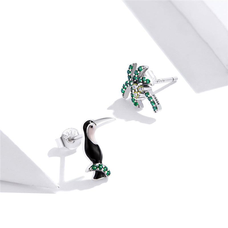 Sterling Silver Toucan & Coconut Palm Stud Hypoallergenic Earrings