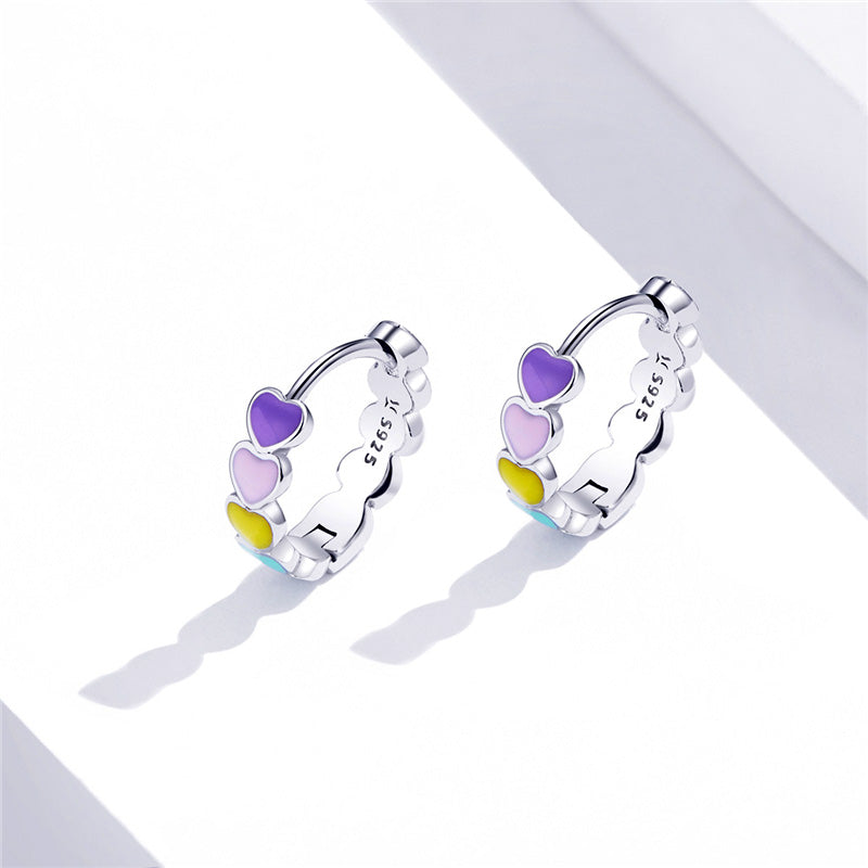 Sterling Silver Stackable Rainbow Heart Huggie Hypoallergenic Earrings