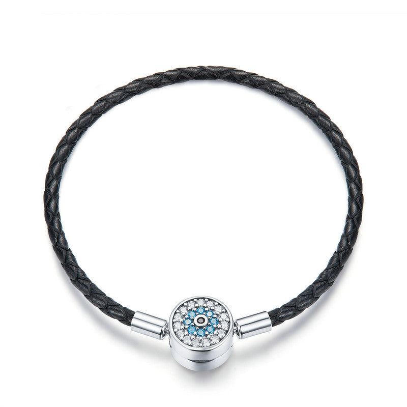Sterling Silver Blue Eyes & Black Leather Charm Hypoallergenic Bracelet
