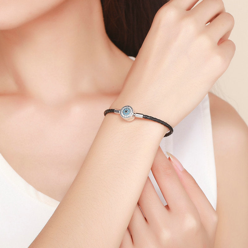 Sterling Silver Blue Eyes & Black Leather Charm Hypoallergenic Bracelet