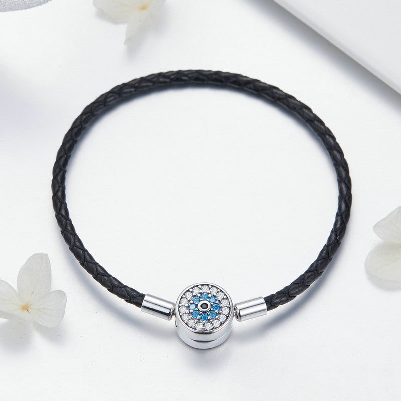 Sterling Silver Blue Eyes & Black Leather Charm Hypoallergenic Bracelet