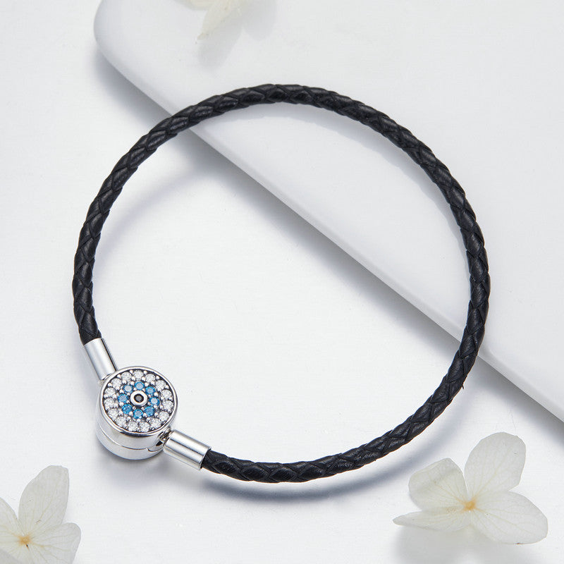 Sterling Silver Blue Eyes & Black Leather Charm Hypoallergenic Bracelet