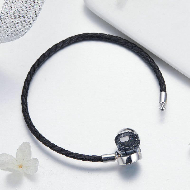 Sterling Silver Blue Eyes & Black Leather Charm Hypoallergenic Bracelet