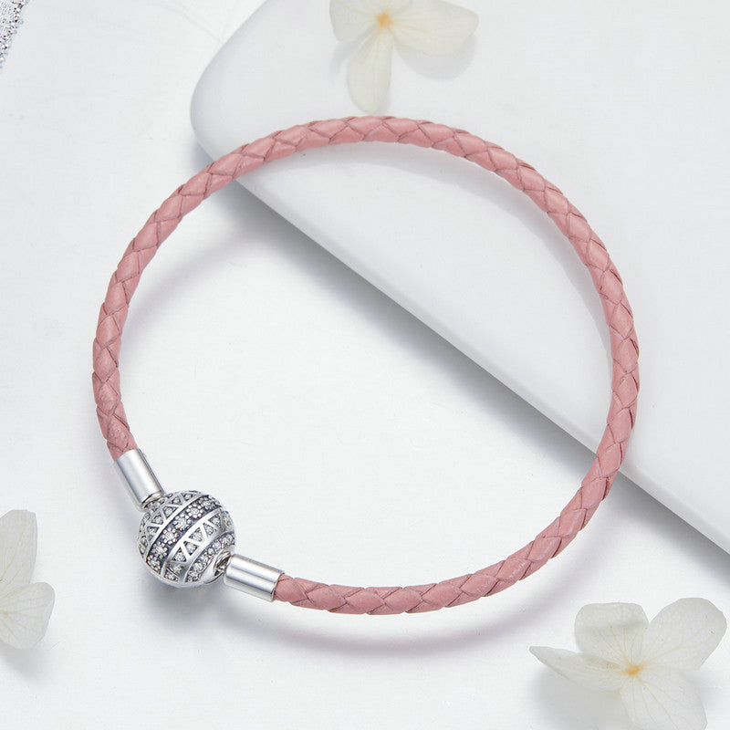 Sterling Silver Shiny Sphere & Pink Leather Charm Hypoallergenic Bracelet