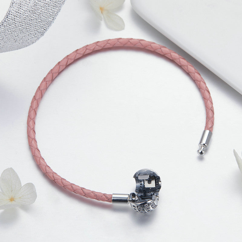 Sterling Silver Shiny Sphere & Pink Leather Charm Hypoallergenic Bracelet