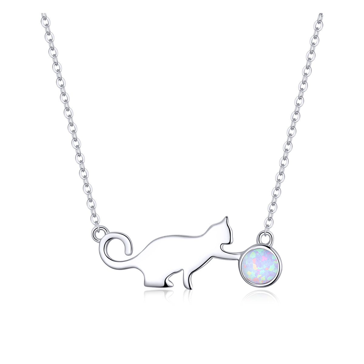 Sterling Silver Opal Cat Hypoallergenic Necklace