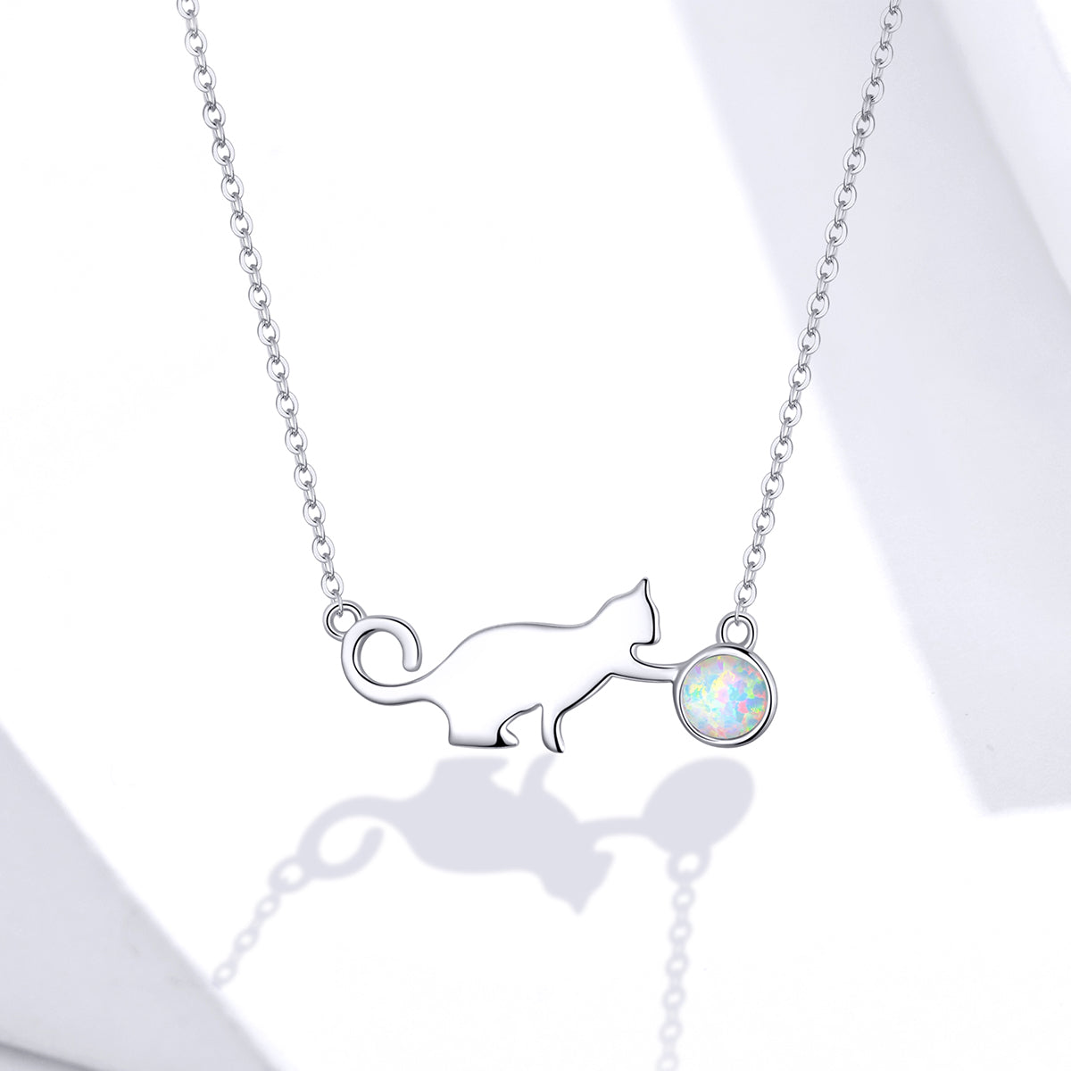 Sterling Silver Opal Cat Hypoallergenic Necklace