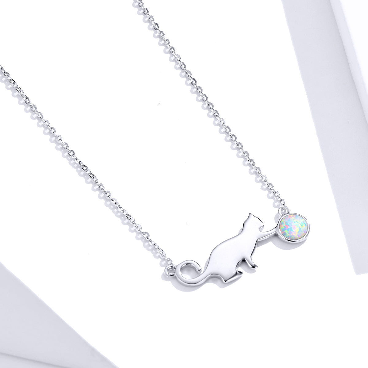 Sterling Silver Opal Cat Hypoallergenic Necklace