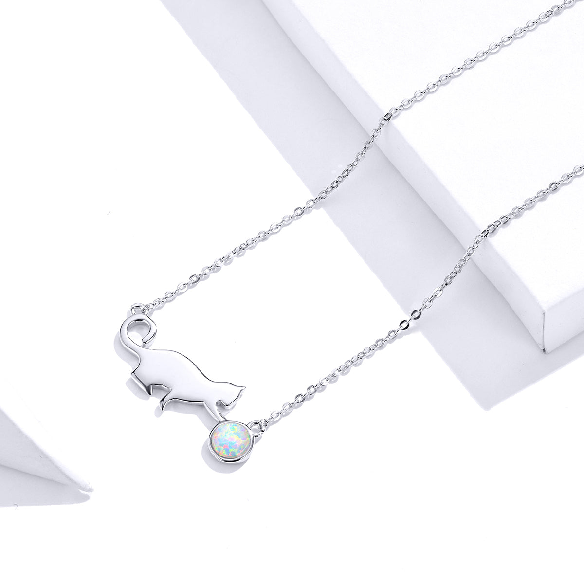 Sterling Silver Opal Cat Hypoallergenic Necklace