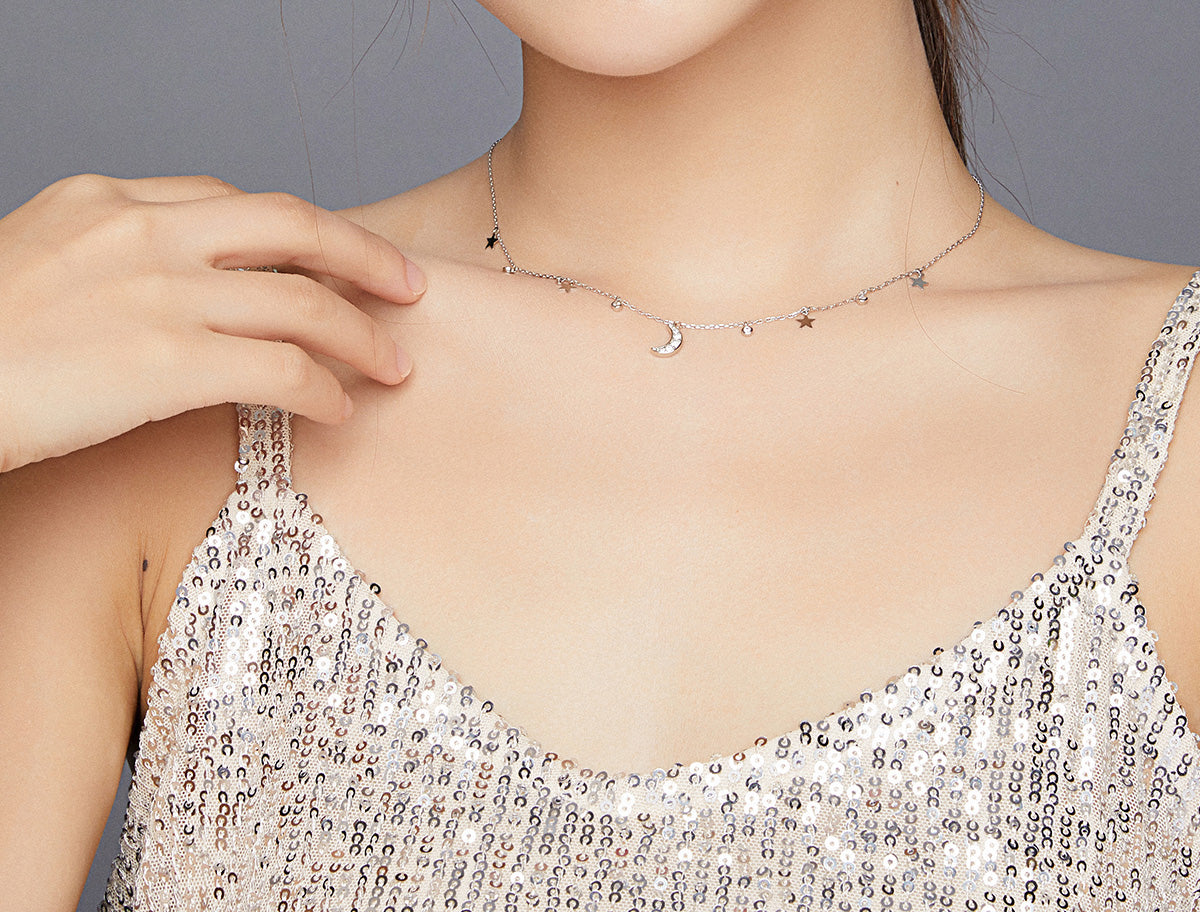 Sterling Silver Crescent Moon & Stars Hypoallergenic Necklace