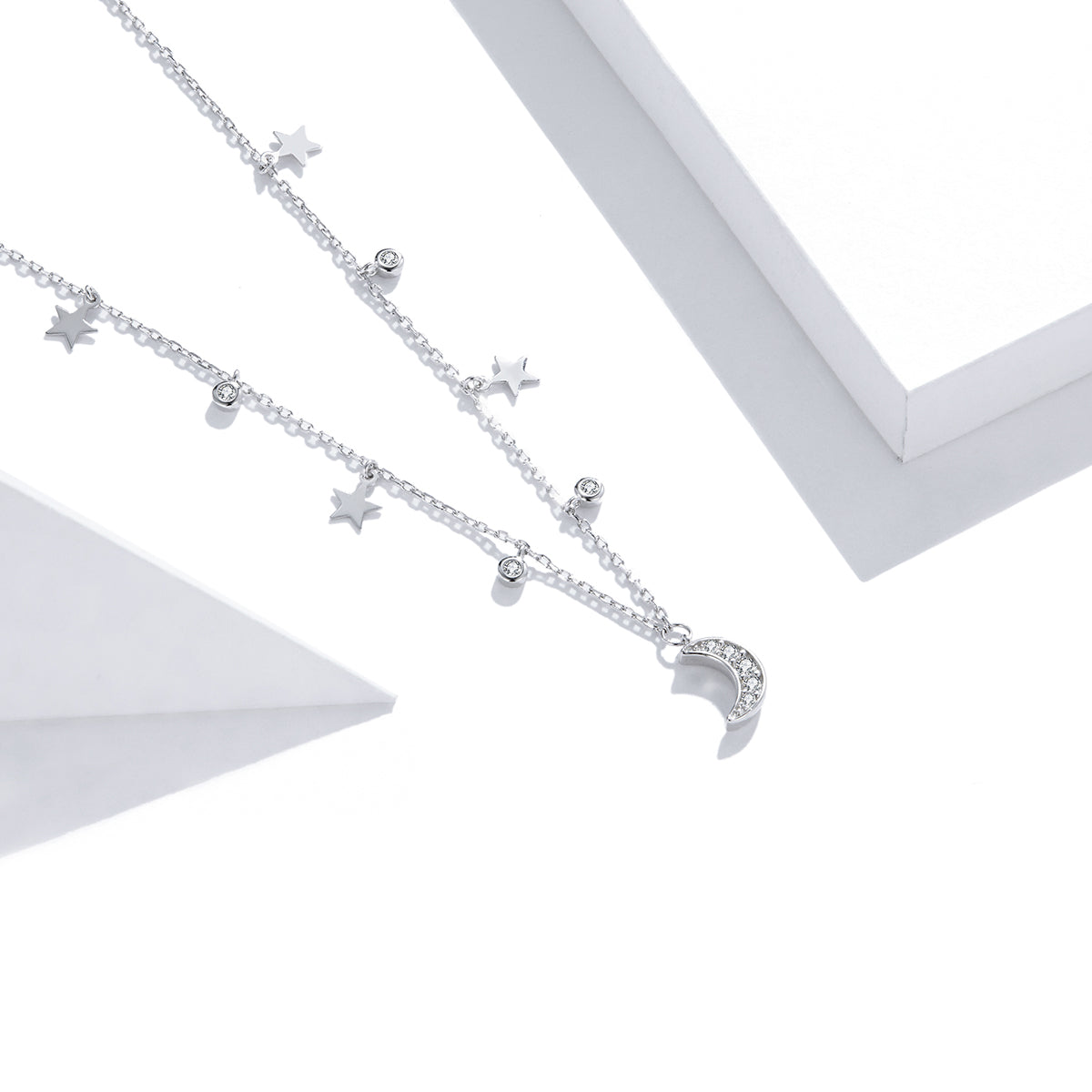 Sterling Silver Crescent Moon & Stars Hypoallergenic Necklace