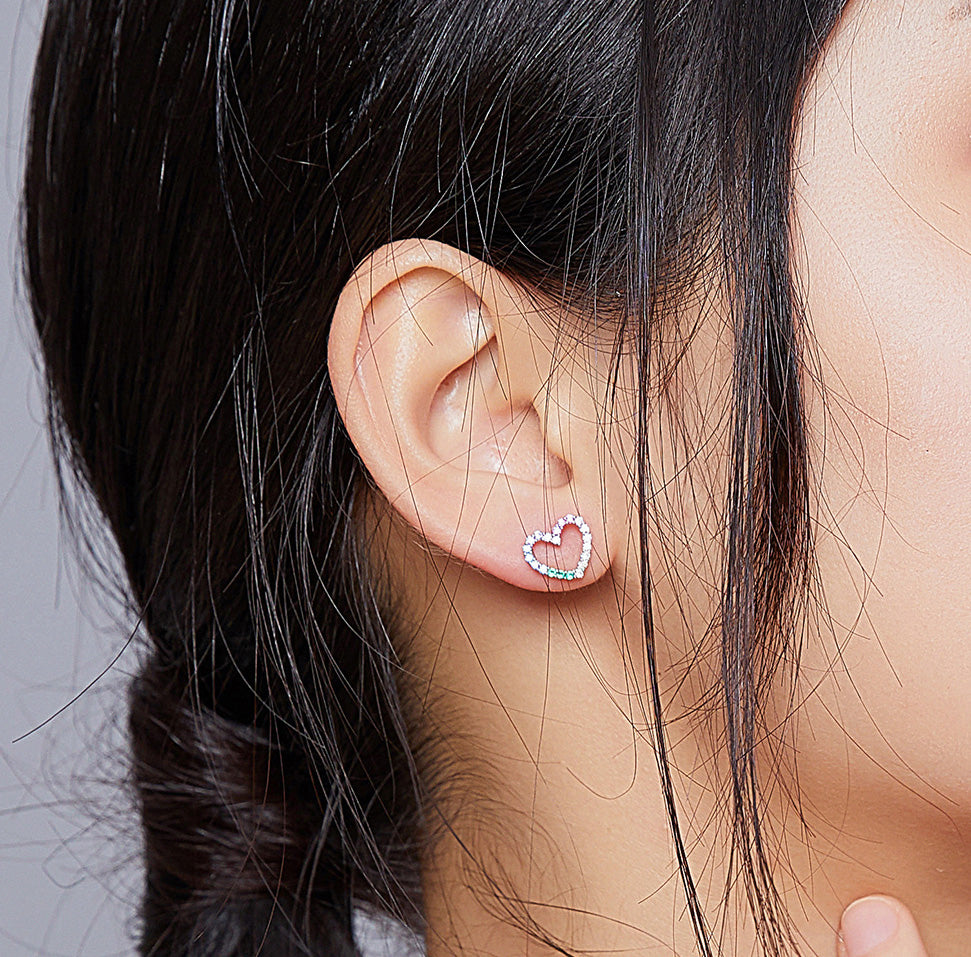 Sterling Silver Rainbow Heart Stud Hypoallergenic Earrings