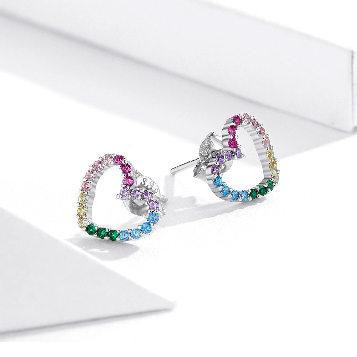 Sterling Silver Rainbow Heart Stud Hypoallergenic Earrings