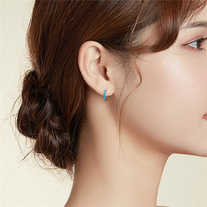 Sterling Silver Blue Opal Huggie Hypoallergenic Earrings