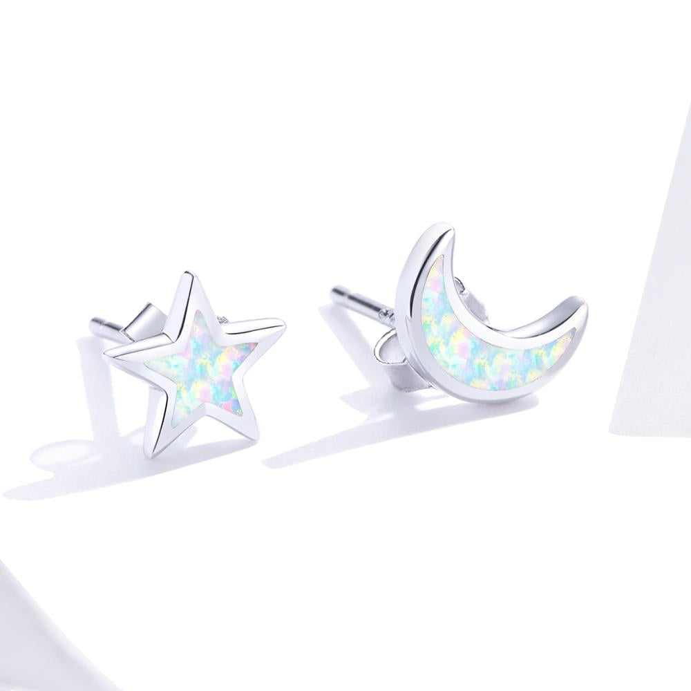 Sterling Silver Moon & Star Opal Stud Hypoallergenic Earrings
